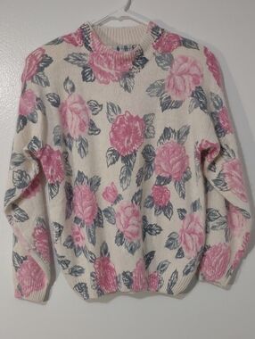 Vintage Floral Angora Silk Blend Sweater Pink Rose Print Cottagecore Size M